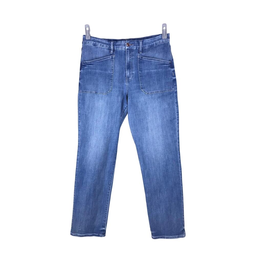 Express Jeans Women’s 12 Long Blue Wash Straight Ankle High Rise Hyper Stretch